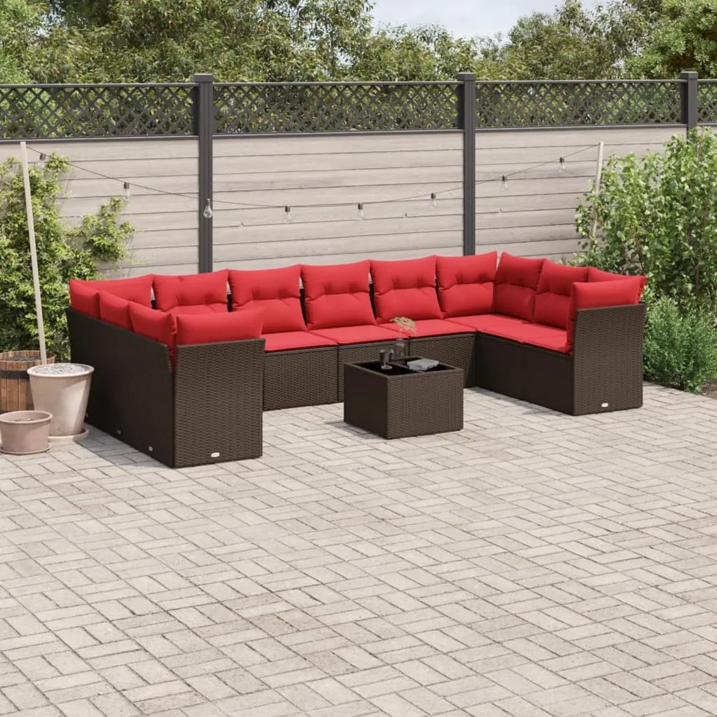 vidaXL 11 pcs conjunto sofás de jardim c/ almofadões vime PE castanho
