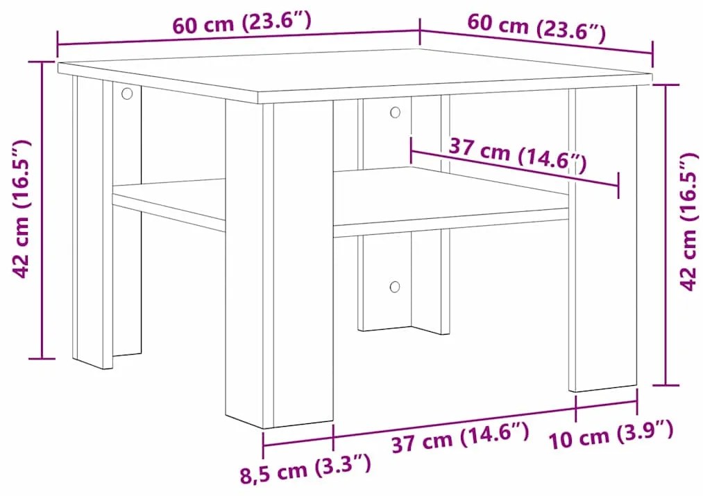 Mesa de Centro vidaXL Preta em Carvalho 60x60x42 cm em Madeira de Enge