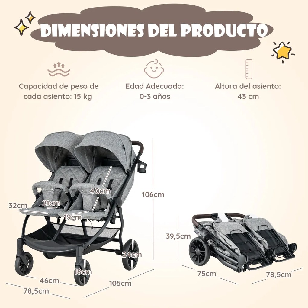 Carrinho de Bebé Duplo Gémeos Carrinho de Bebé Dobrável com Um Botão Portátil Reclinável Encosto Ajustável Toldo 0-3 Anos Cinzento