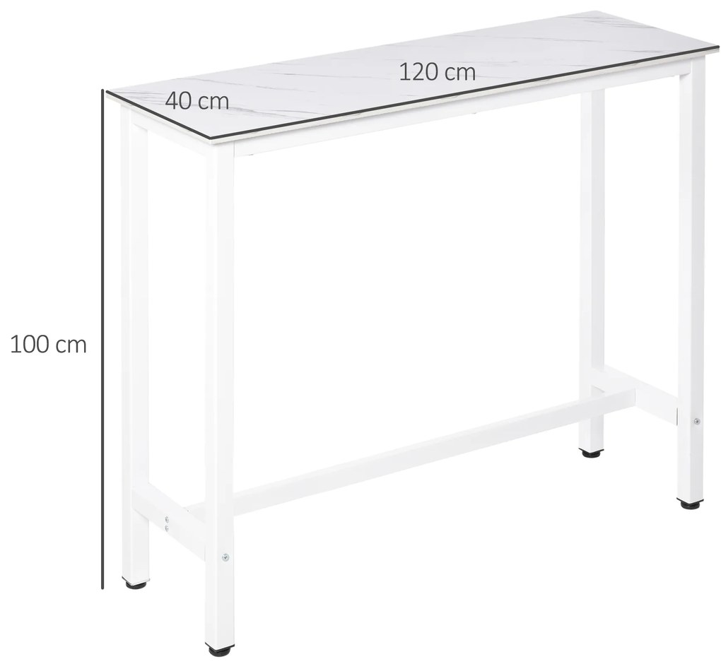 Mesa de Bar Mesa Alta com Bancada de Efeito Marmorizado e Pés de Metal Estilo Moderna para Cozinha Bistro Cafeteria 120x40x100cm Branco