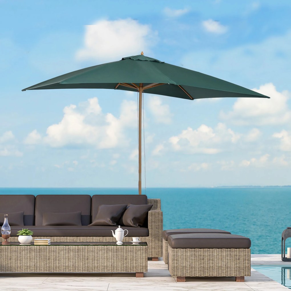 Outsunny Chapéu de Sol de Jardim com Sistema de Polia Teto Ventilado e Mastro de Madeira para Terraço Pátio Exterior 2,95x2x2,55m Verde