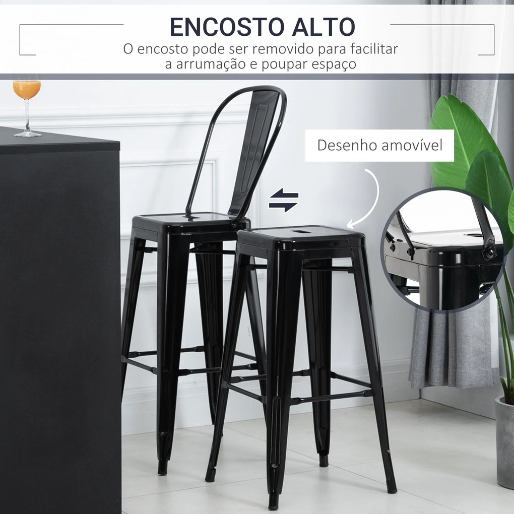 Conjunto de 4 Bancos Altos de Cozinha de Metal Bancos de Bar com Encosto Alto e Apoio para os Pés para Sala de Jantar Carga 120kg 44x49x116cm Preto