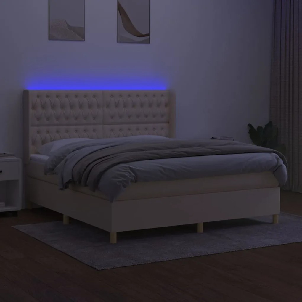 Cama box spring c/ colchão e LED 180x200 cm tecido cor creme