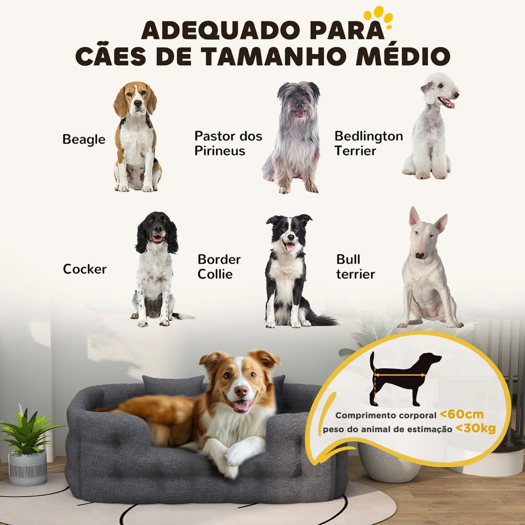 Cama para Cães Grandes Cama para Animais de Estimação com 2 Almofadas Cama para Cães com Base Antiderrapante 110x70x35 cm Cinza