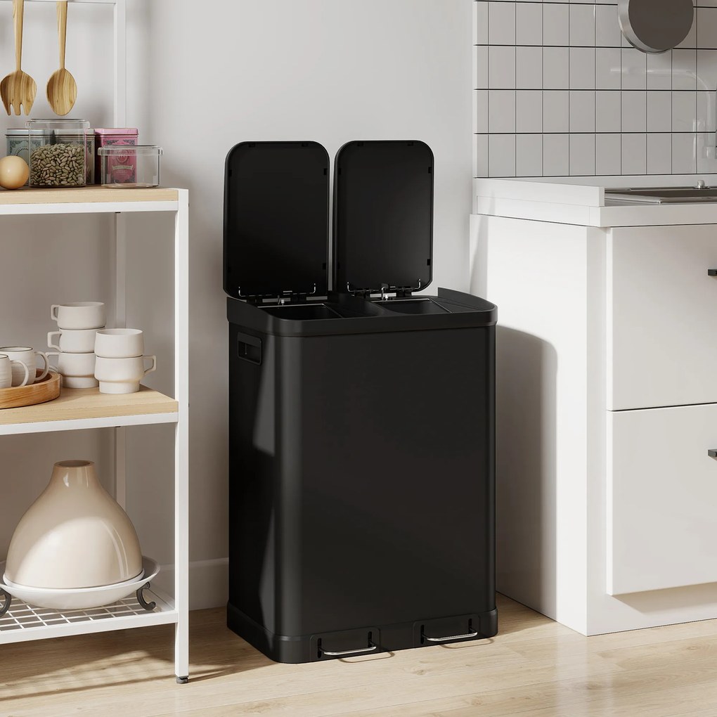Caixote do lixo de cozinha 48,8 L x 39,5 l x 67 A cm com dois compartimentos de 2 x 30 L, com pedal em aço inoxidável e tampa com fecho suave, preto