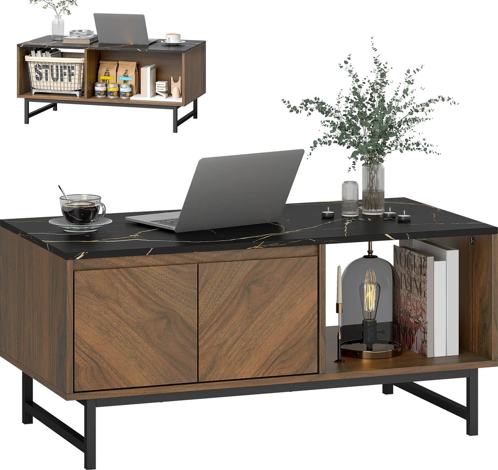 Mesa de centro, mesa de sala, tampo com efeito de mármore, 2 portas e 2 compartimentos abertos, 100 x 50,8 x 45,7 cm, cor nogueira