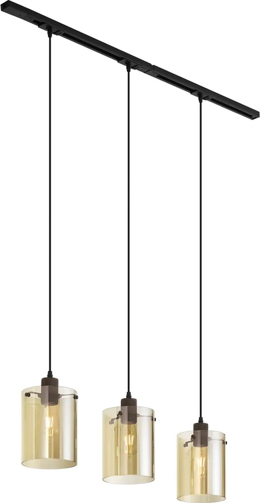Sistema de calhas de iluminação moderno preto com 3 candeeiros suspensos de vidro âmbar monofásico - Iconic Dome