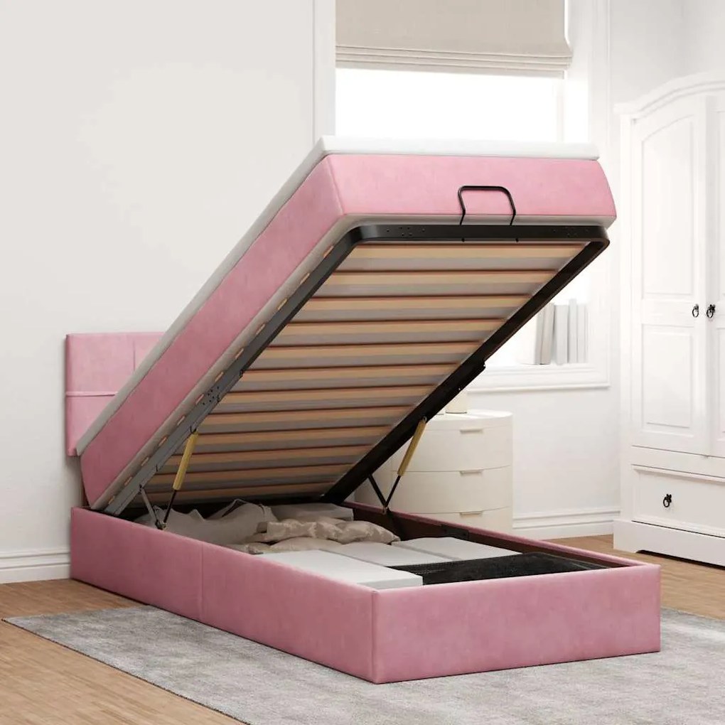 moldura de cama otomana vidaXL com colchão rosa 100x200cm veludo