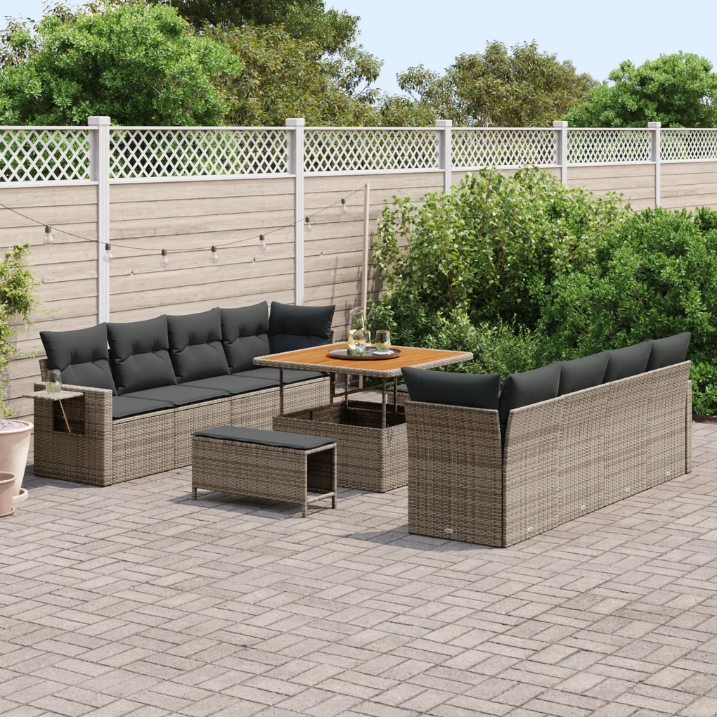 Conjunto de Sofá para Jardim com 11 Peças e Almofadas Cinza Rattan Pol