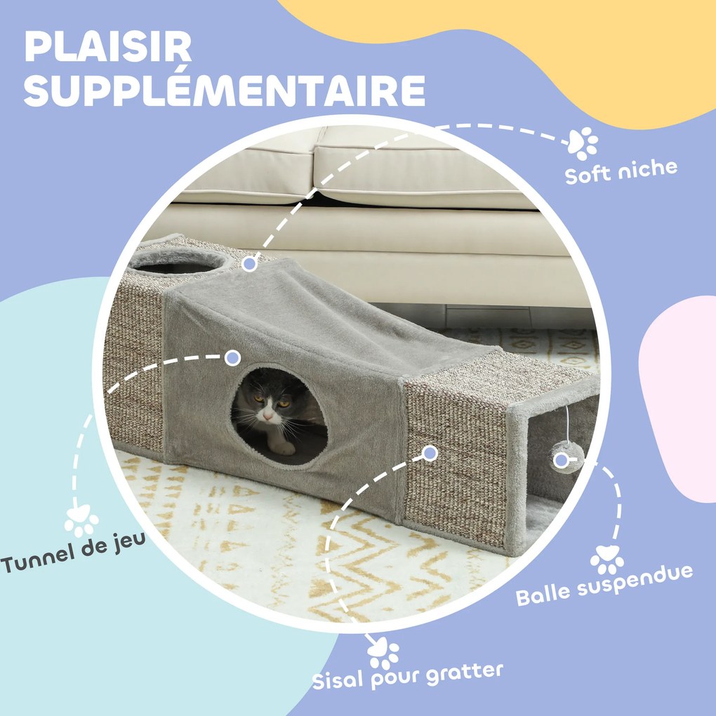 Túnel para gatos de interior, brinquedos para gatos com bola suspensa, várias entradas, em sisal, 98 x 30 x 30 cm, cinzento