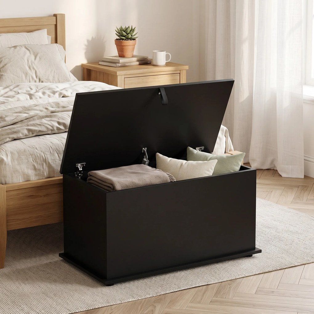 Baú de Arrumação 102L com Dobradiça de Segurança, Estilo Moderno, para Corredor, Quarto e Sala de Estar, 80x40x45 cm, Preto