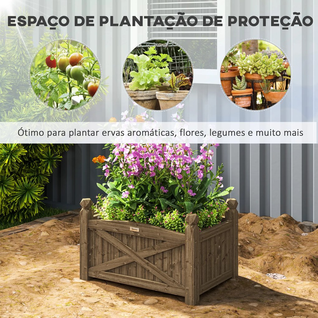 Floreira de Madeira Elevada para Cultivar Plantas Flores Ervas Floreira Retangular 60x39x37 cm Castanho Escuro