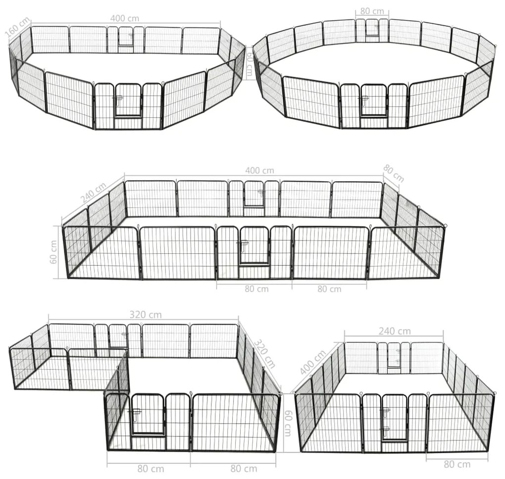 Parque para cães 16 painéis aço 60x80 cm preto