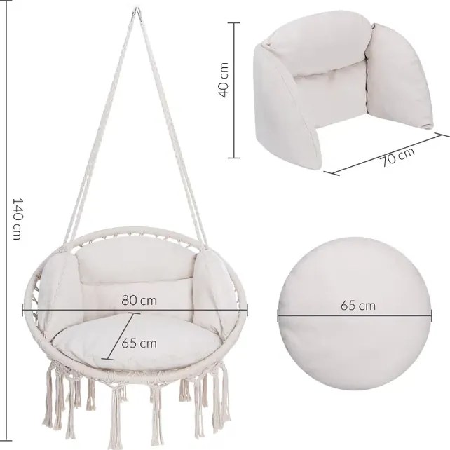 Cadeira suspensa 80x60x140cm redonda com almofadas creme