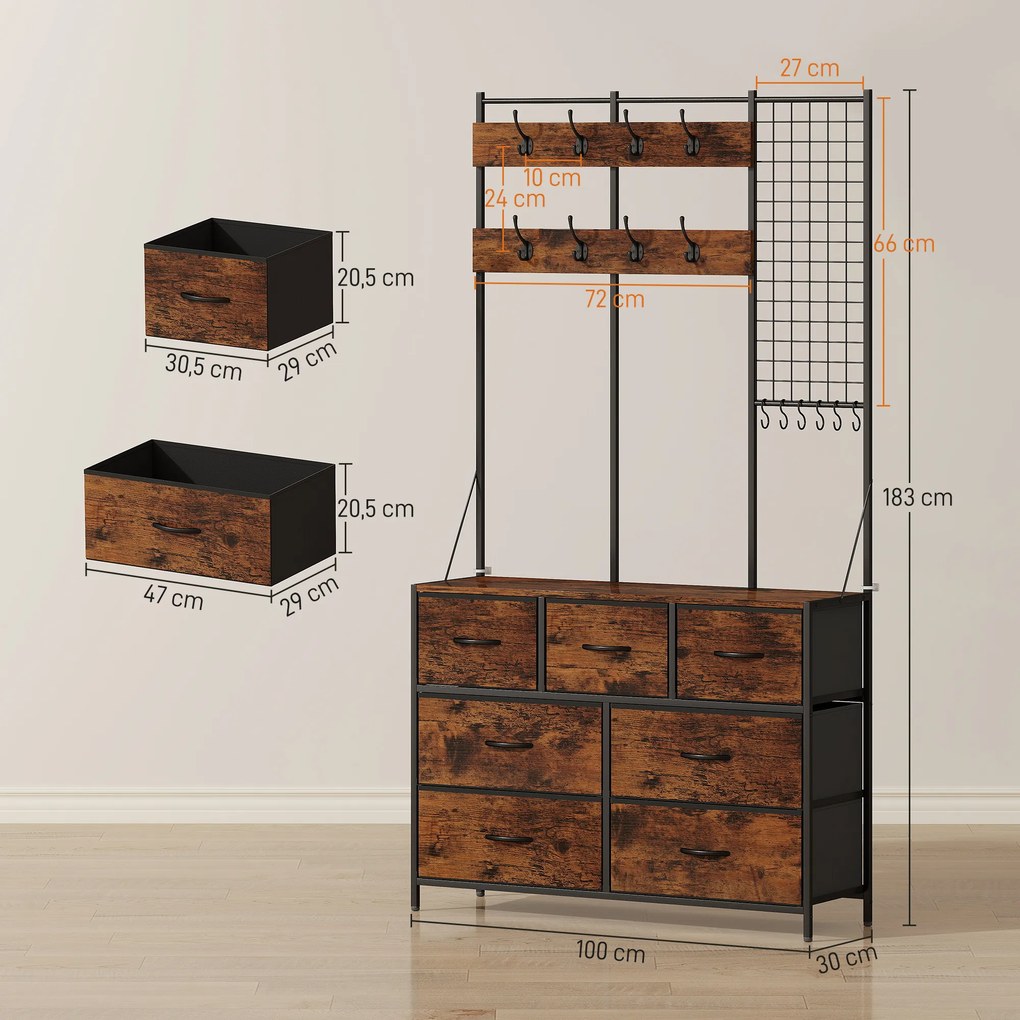 Suporte para Cabides Móvel de Arrumação com Sapateira 14 Ganchos 7 Gavetas de Tecido e Prateleira 100x30x183 cm Castanho Rústico