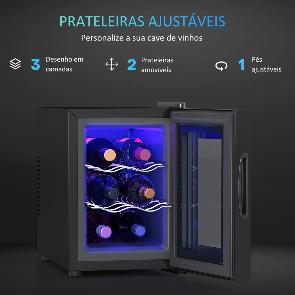Cave de Vinho para 6 Garrafas com Luz LED Ecrã Tátil Controlo de Temperatura e 2 Prateleiras Ajustáveis 26,5x51,5x39,3 cm Preto