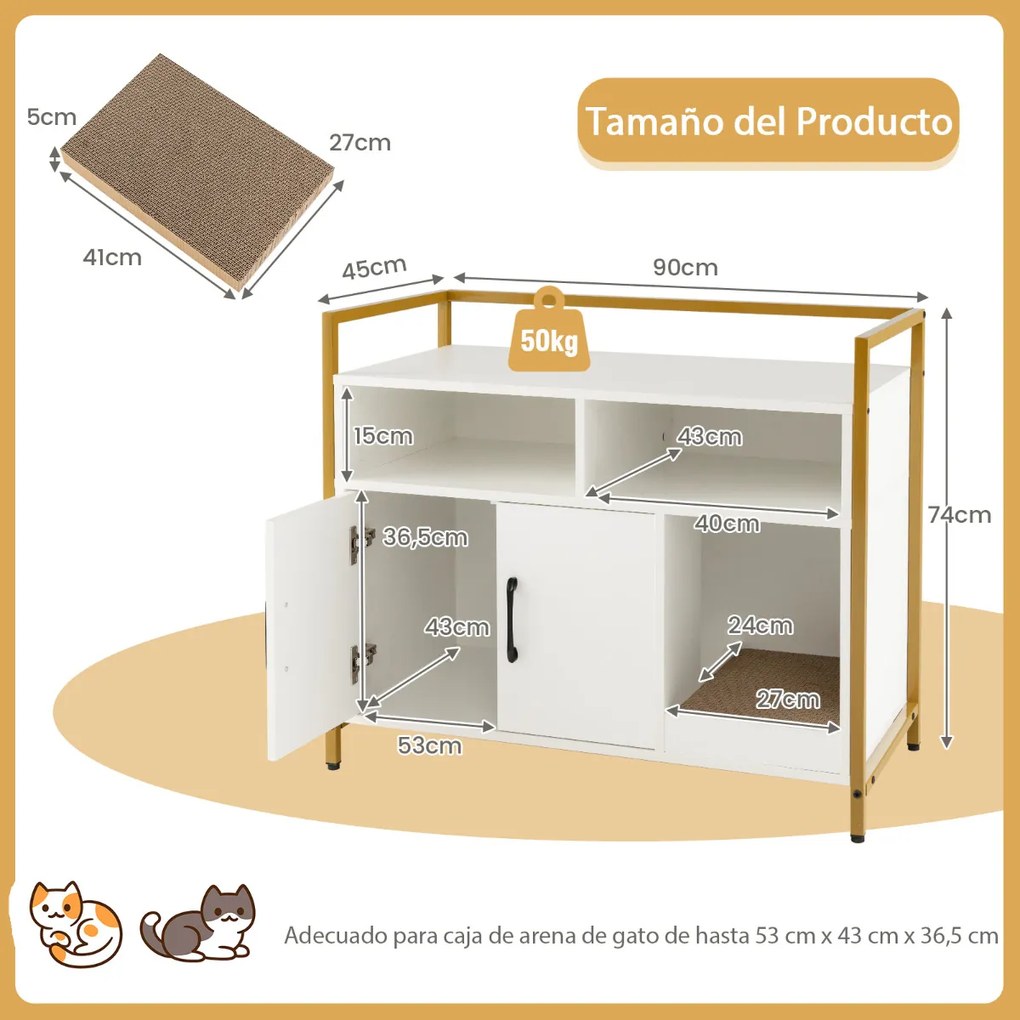 Caixa de areia para gatos com portas de cartão para arranhar Armário de limpeza para animais de estimação 89 x 45 x 74,5 cm Branca