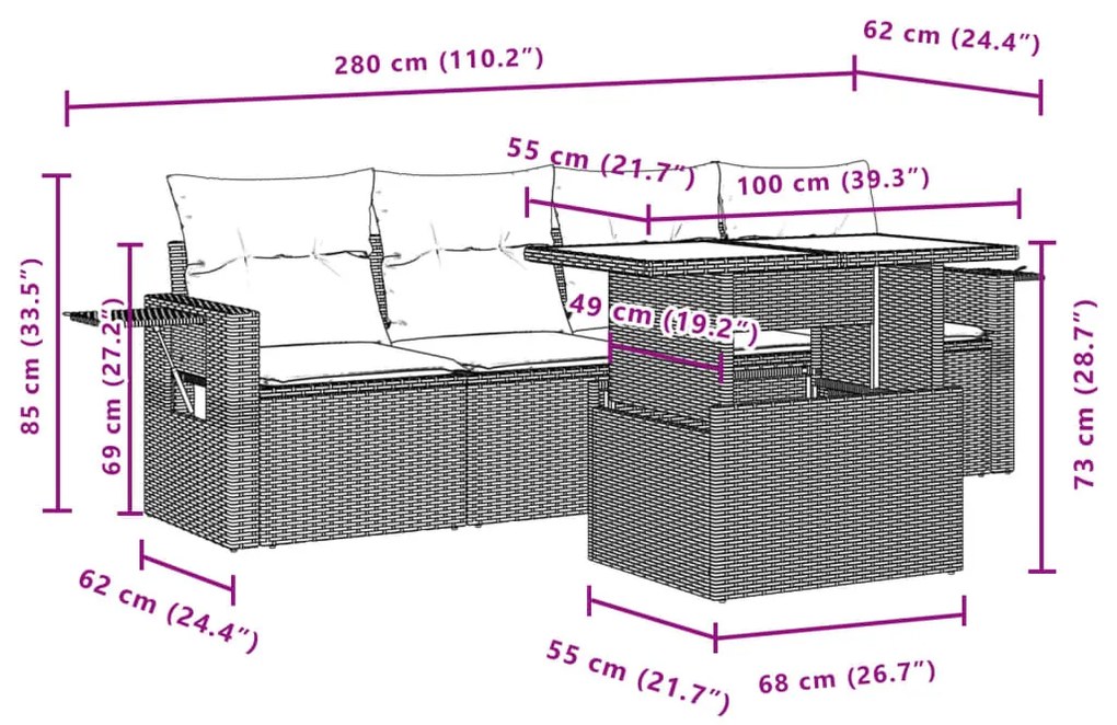 5 pcs conjunto de sofás p/ jardim com almofadões vime PE bege