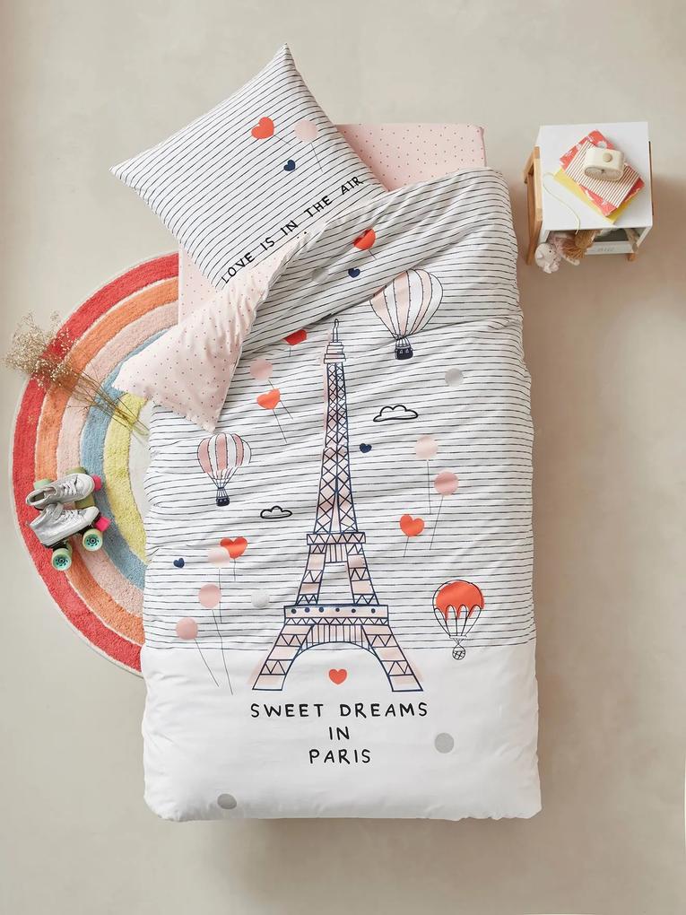 Conjunto capa de edredon + fronha de almofada para criança, tema Reve a Paris rosa claro liso com motivo