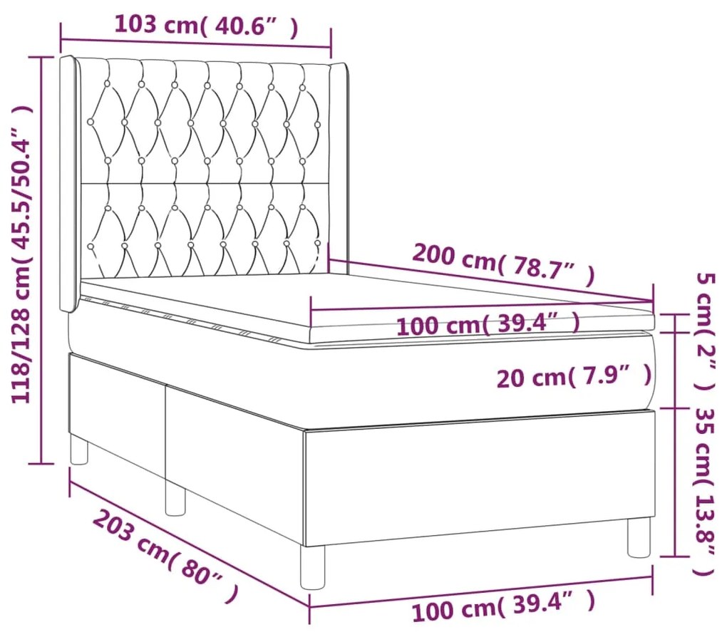 Cama box spring c/ colchão e LED 100x200 cm tecido cinza-claro