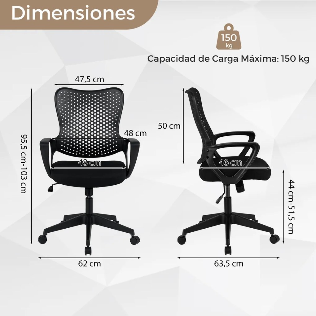 Cadeira de escritório ergonómica com braços, almofada acolchoada e encosto respirável, modelo «Mariposa», para estudar e trabalhar, na cor preta