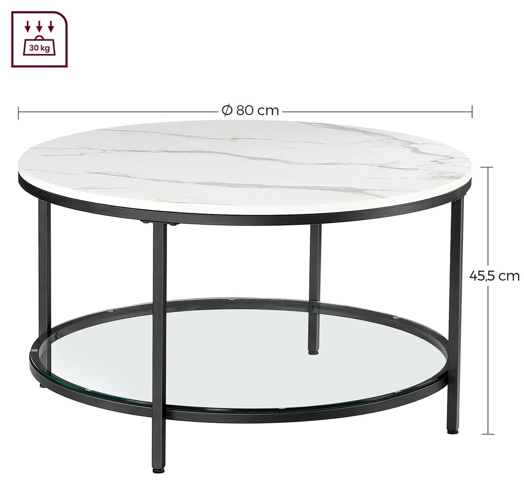 Mesa de centro redonda com 2 prateleiras para sala de estar 80 x 44,5 cm (Ø x H) aspeto de mármore branco, moldura preta