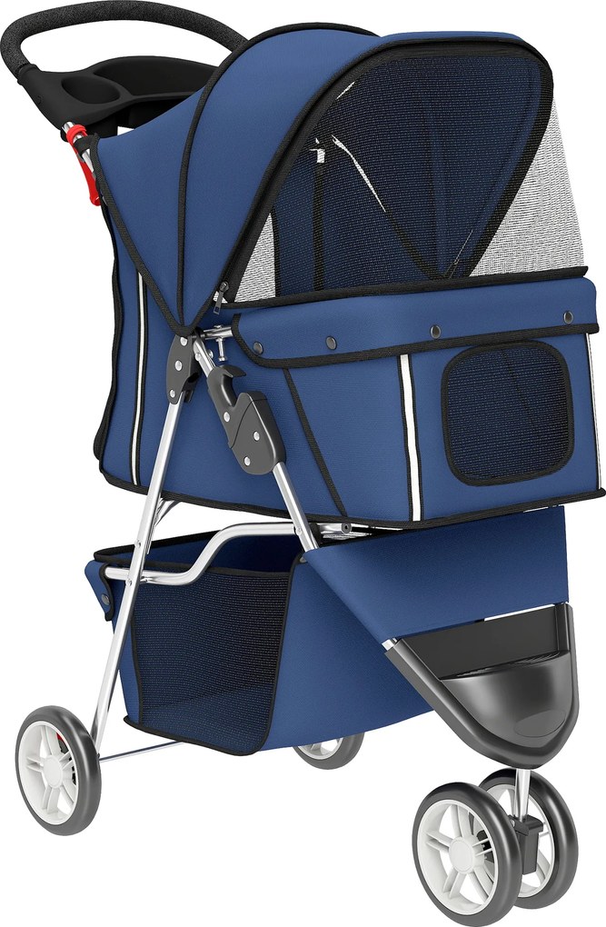 PawHut Carrinho Dobrável para Cães Pequenos até 10 kg com 3 Rodas, Capota, Cesta, Janelas em Rede e Porta-copos, Azul-Escuro | Aosom Portugal