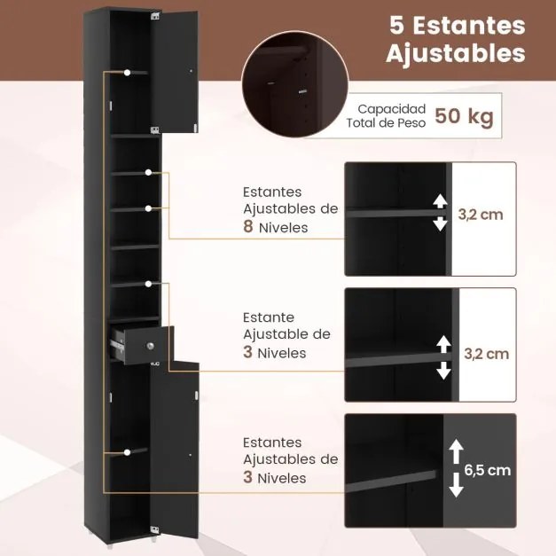 Armário de casa de banho alto e estreito com gaveta e 5 estantes ajustáveis 20 x 20 x 180 cm Preto