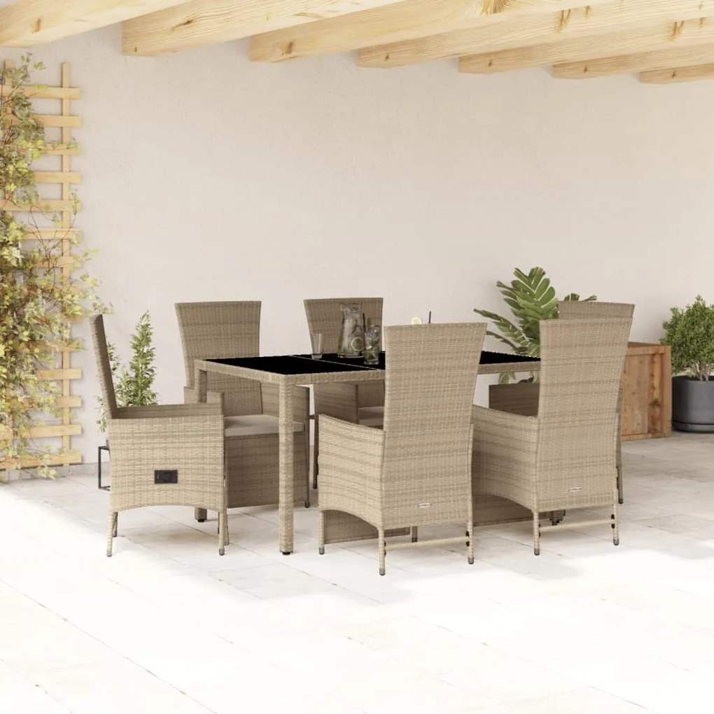 vidaXL 7 pcs conjunto de jantar p/ jardim com almofadões vime PE bege