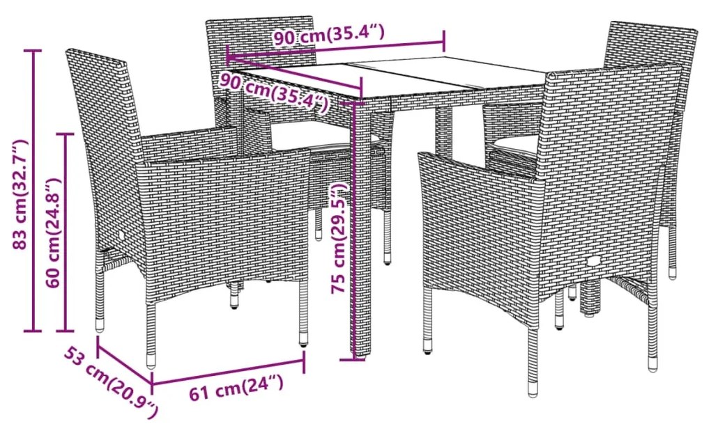 5 pcs conjunto jantar jardim c/ almofadões vime PE/acácia cinza