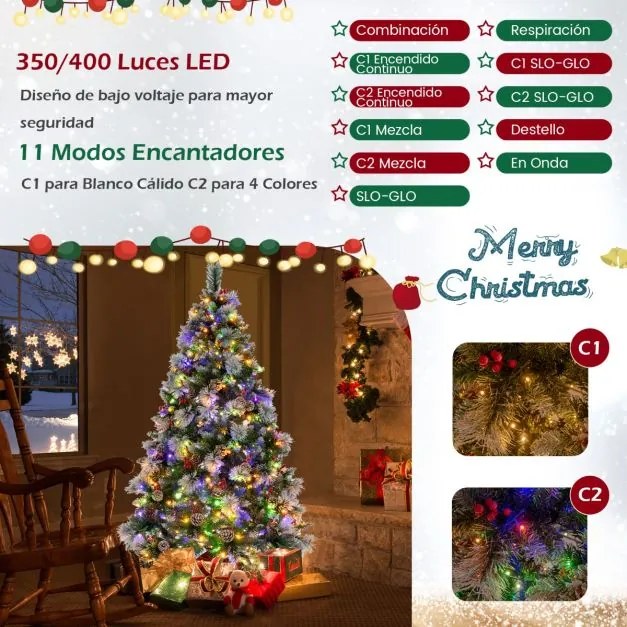Árvore de Natal pré-iluminada de 185 cm com 747 pontas de ramos, 350 luzes LED, 55 pinhas e 55 bagas vermelhas