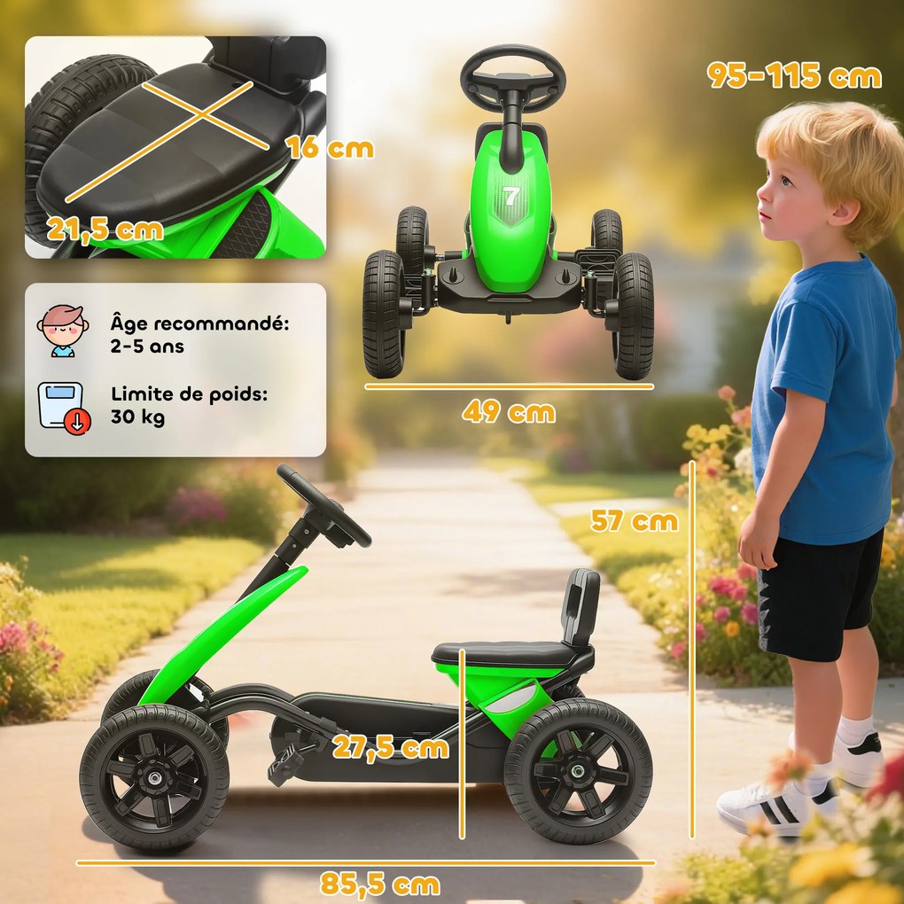 Kart a pedais para crianças, karting infantil para idades entre os 2 e os 5 anos com rodas silenciosas em EVA, com marcha à frente e à ré, verde
