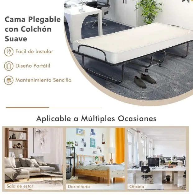 Cama dobrável com colchão de espuma viscoelástica Estrutura metálica 4 rodas Cama individual portátil