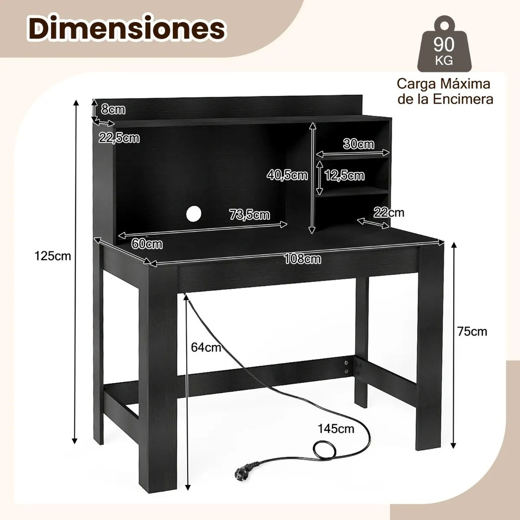 Secretária de computador 108 x 60 x 125 cm com estante com tomadas e orifício para cabos Preta
