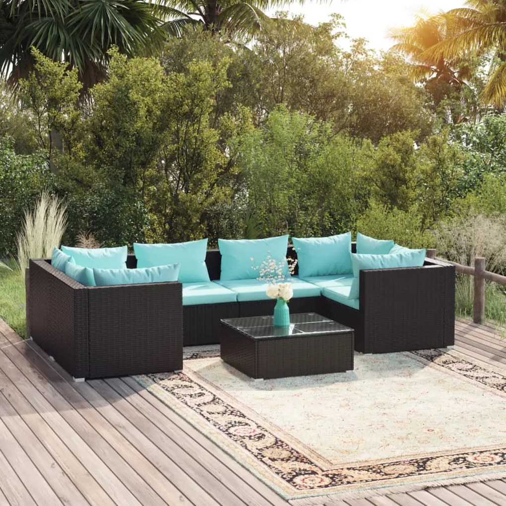 vidaXL 7 pcs conjunto lounge de jardim c/ almofadões vime PE preto