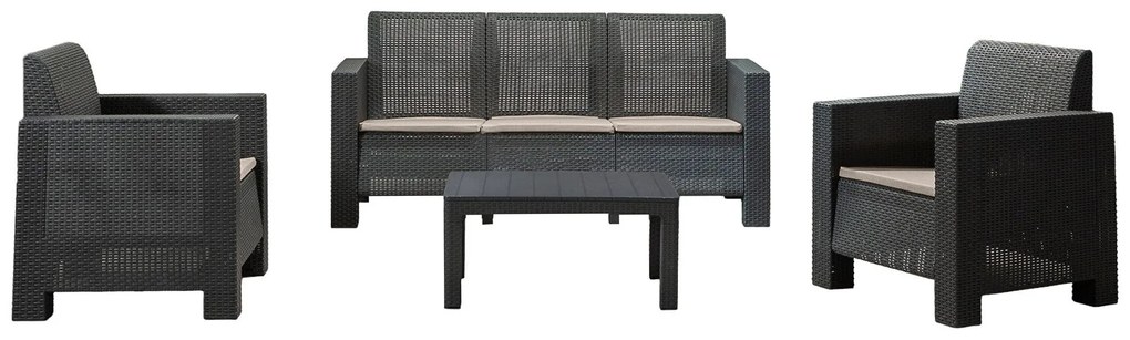 Conjunto Lounge de Jardim “Aksu” — Sofá, Poltronas e Mesa de Centro —