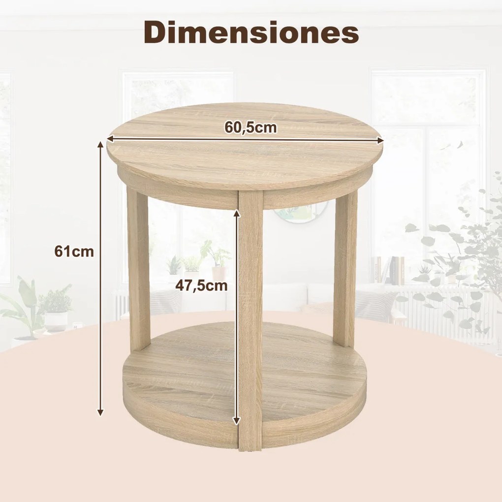 Mesa de centro redonda, mesa apoio, mesa cabeçeira 60,5 x 61 cm com 2 níveis em madeira de caucho Mesa auxiliar estilo rústico cor carvalho