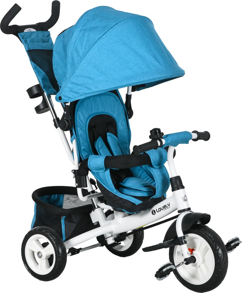 HOMCOM Triciclo infantil, bicicleta infantil, cesto traseiro, suporte para copo, toldo, metal, Azul | Aosom Portugal