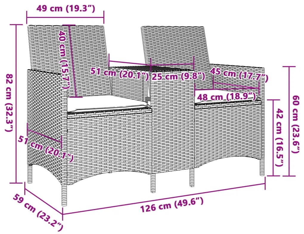 Sofá de jardim c/ mesa e almofadões 2 lugares vime PE castanho
