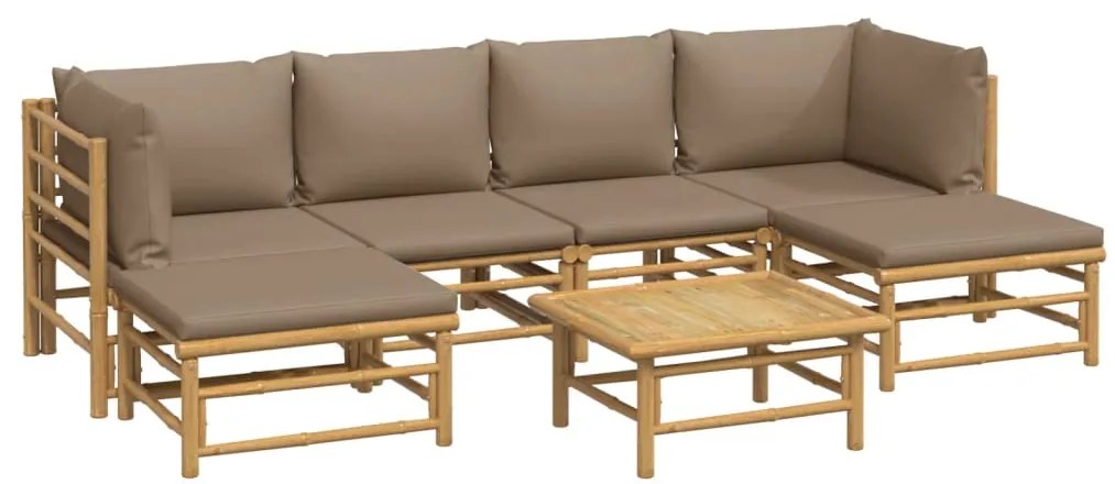 7 pcs conj. lounge jardim bambu c/ almofadões cinza-acastanhado