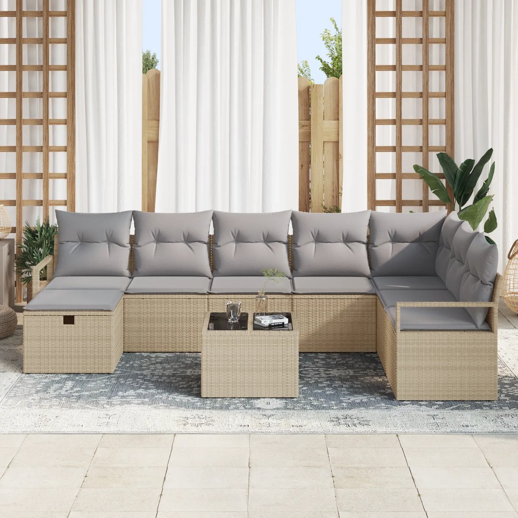 Conjunto de Sofá de Jardim vidaXL 9 Peças com Almofadas Bege Polyratta
