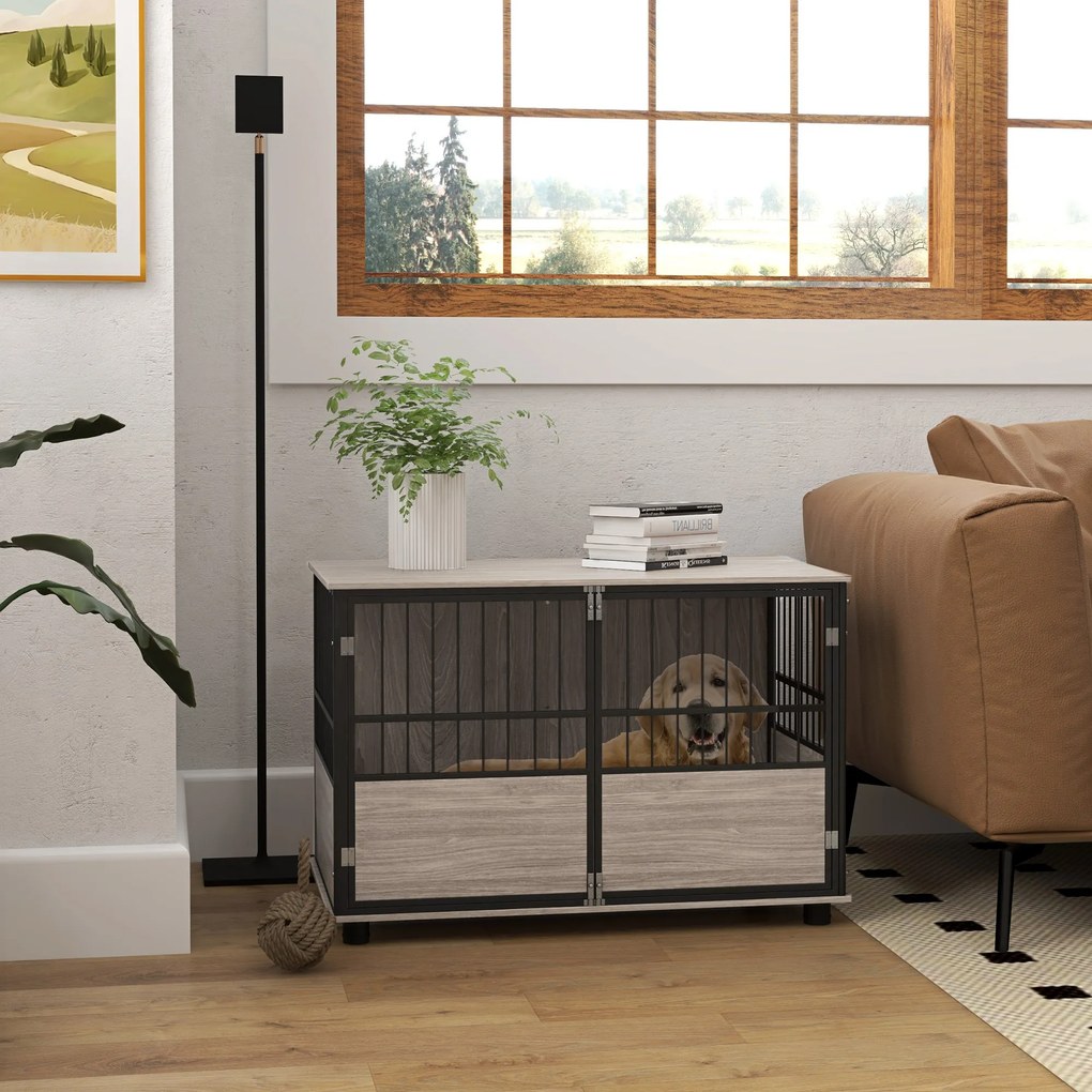 Gaiola para cães de interior, mesa auxiliar, 100 x 60 x 68 cm, casota, 3 portas com fechadura, acabamento em cor nogueira, preto
