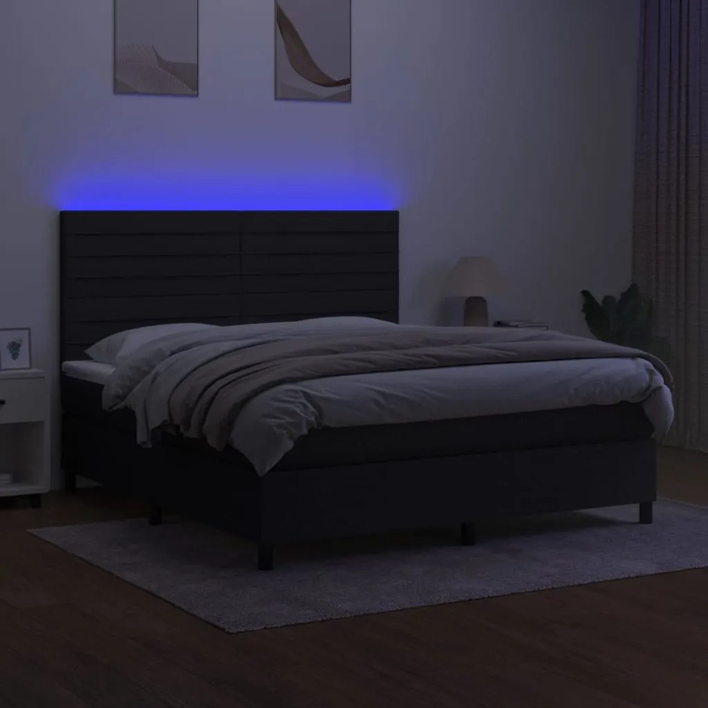 Cama box spring c/ colchão e LED 160x200 cm tecido preto