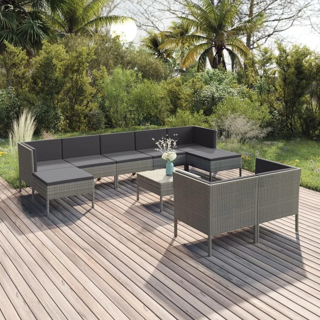 vidaXL 10 pcs conjunto lounge de jardim c/ almofadões vime PE cinzento