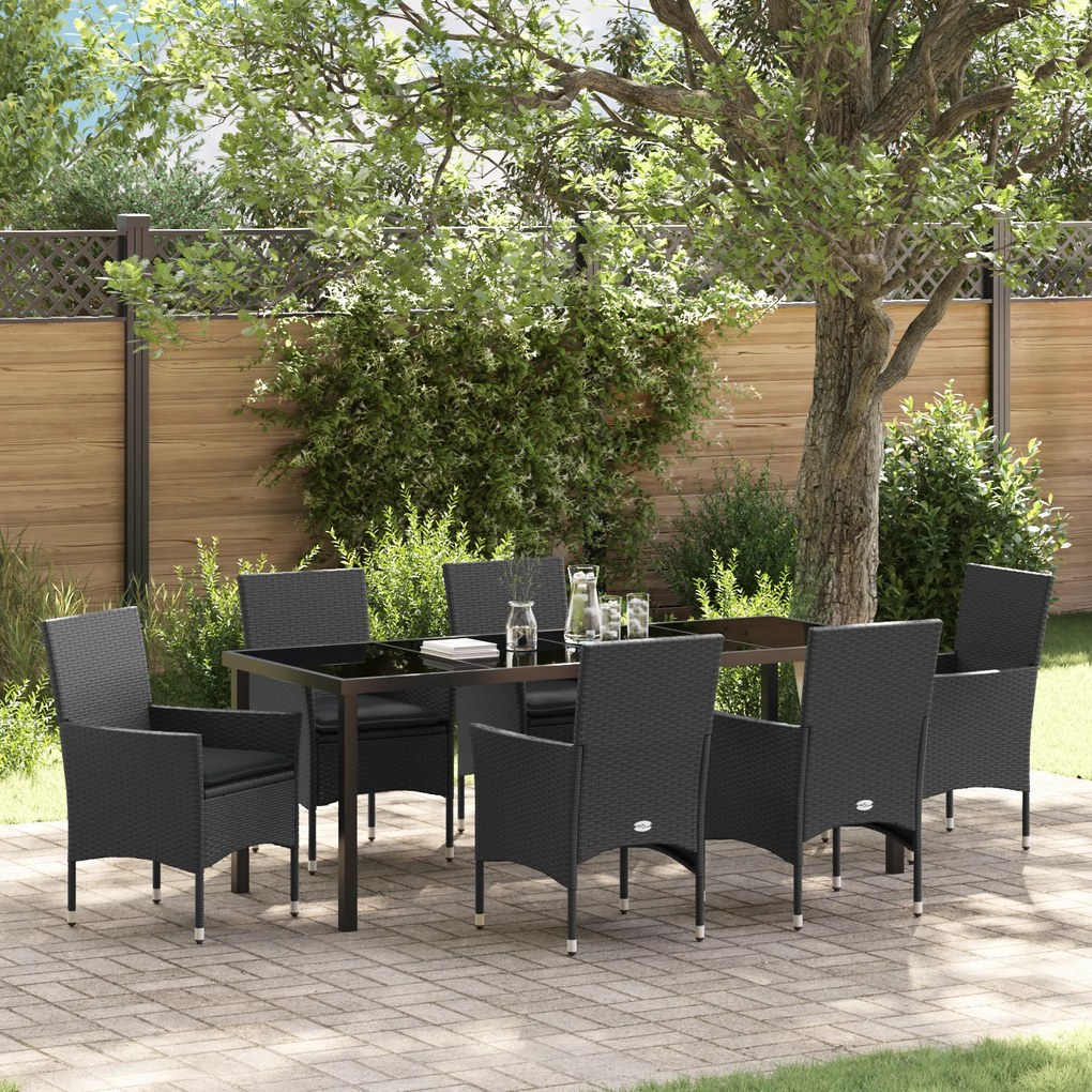 Conjunto de Jantar de 7 Peças vidaXL com Almofadas Vime Preto Poliéster
