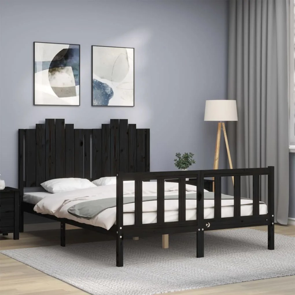 Estrutura de cama com cabeceira 140x190 cm madeira maciça preto