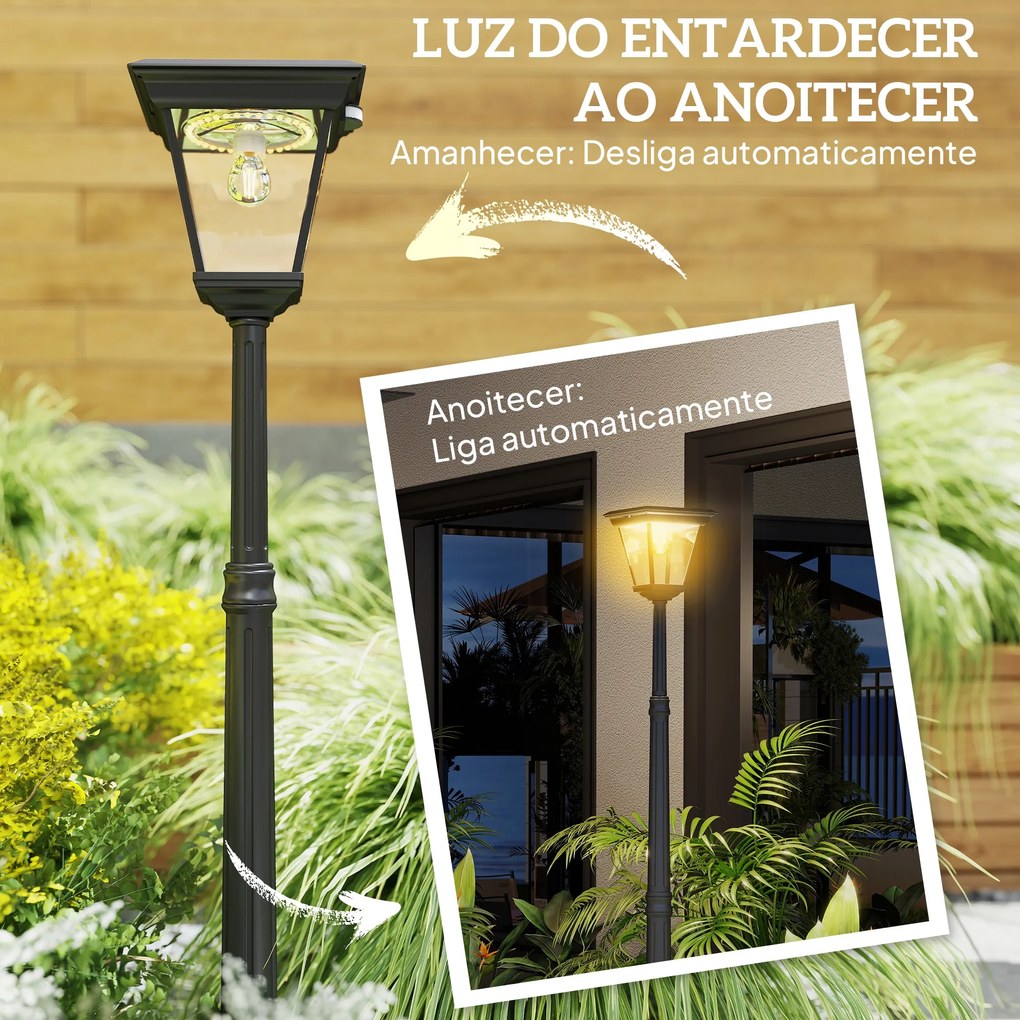 Candeeiro Solar de Jardim com Luzes LED Acendimento e Apagamento Automático Sensor de Movimento 26x24x220 cm Preto