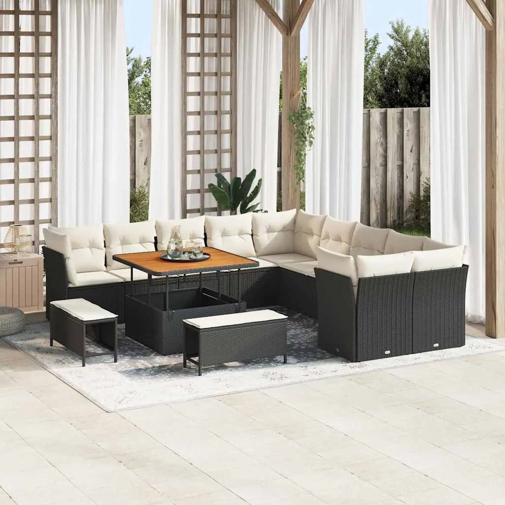 vidaXL Conjunto de Sofá de Jardim com 13 Peças e Almofadas Pretas em Rattan de Polipropileno e Madeira de Acácia