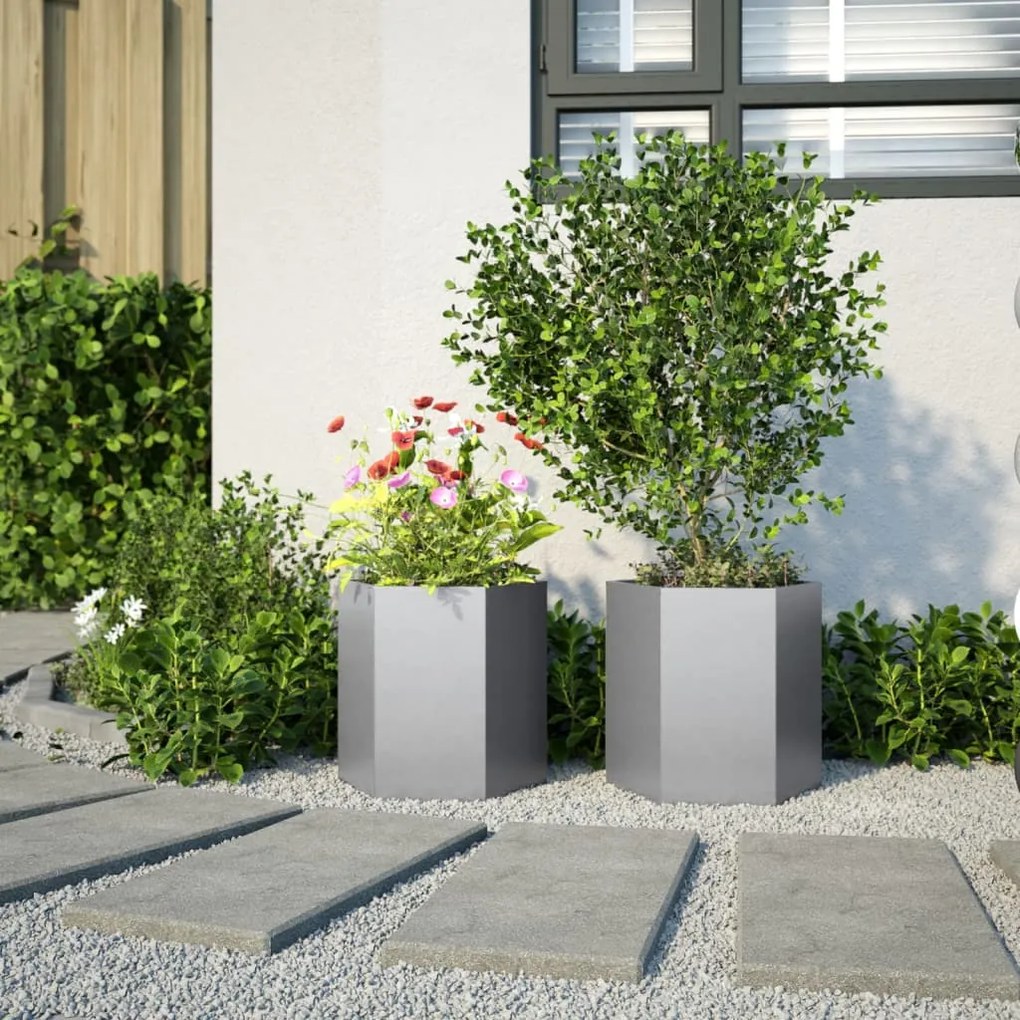 Vasos floreiras jardim 2 pcs hexagonal 46x40x45cm aço galvaniz.