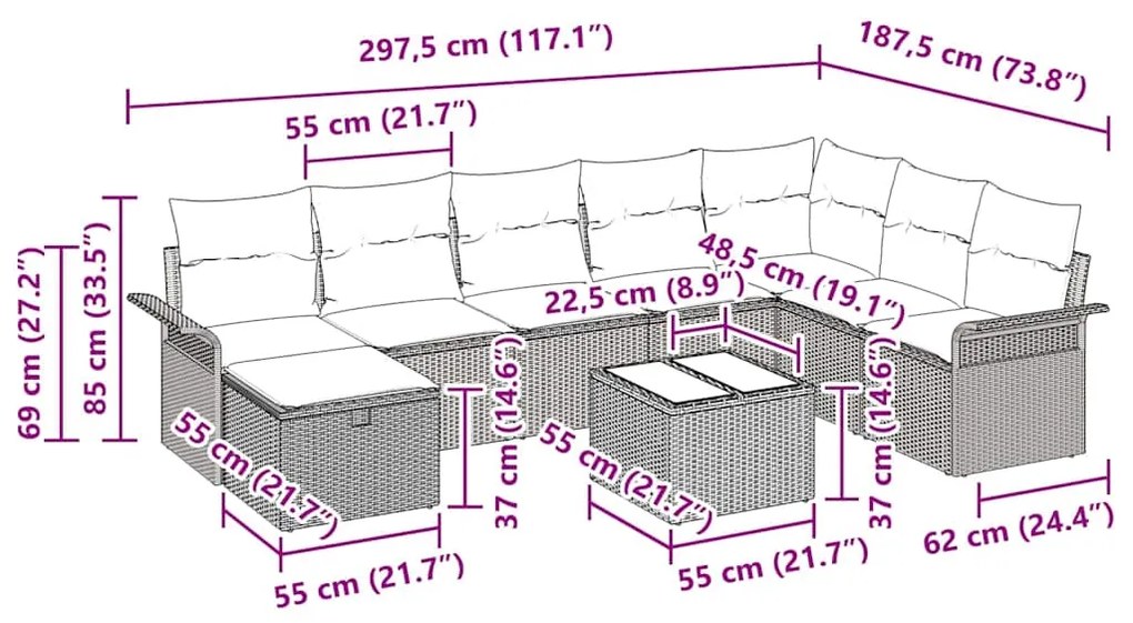 Conjunto de Sofá de Jardim de 9 Peças com Almofadas Bege de Polirattan